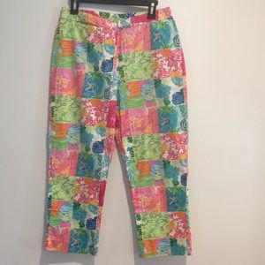 Vintage Lilly Pulitzer Party Patch Patchwork Stretch Cotton Ankle Pant size 8